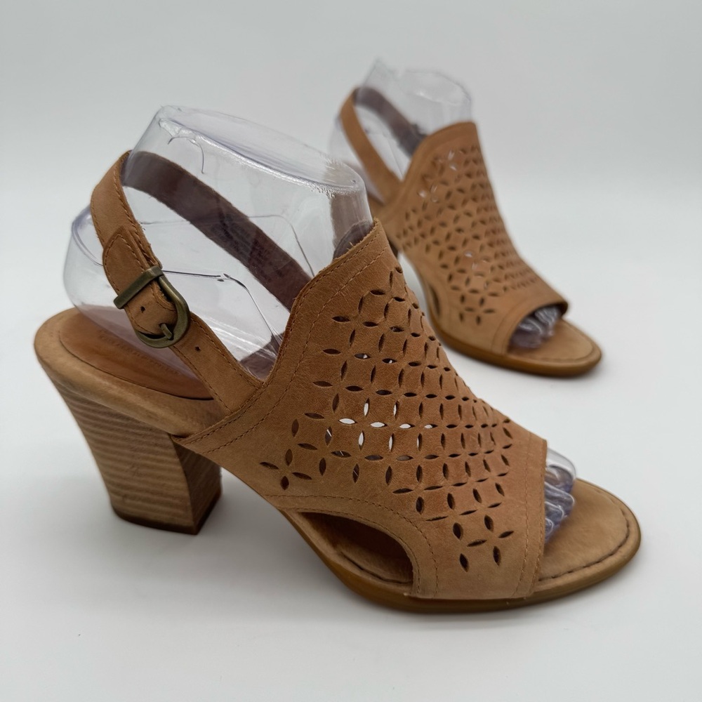 Born Tan Leather Perforated Slingback Block Heel Sandal Size 8 M